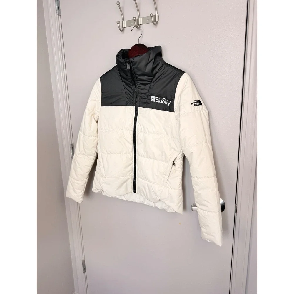 The North Face White Black‎ Puffer Jacket Womens Small BluSky Logo Full Zip Coat